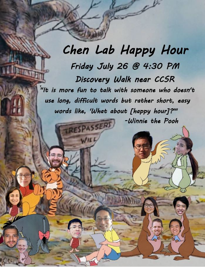 Chen Lab Happy Hour, Friday, July 26th, 4:30 pm, Discovery Walk!