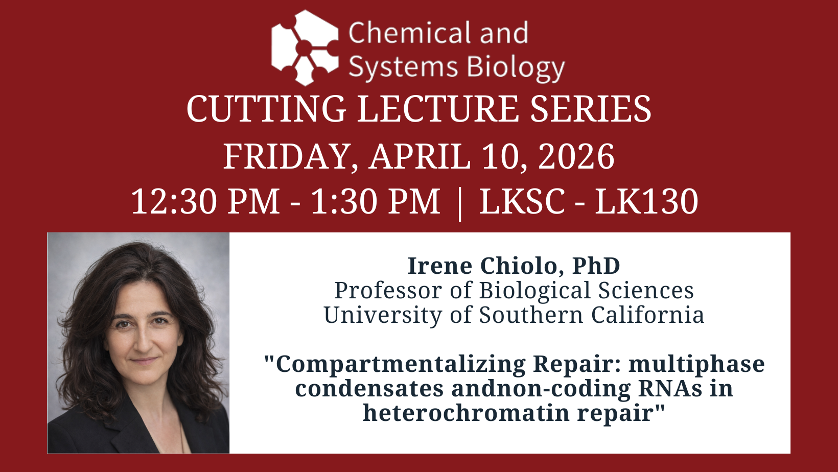 Join Us! CSB Cutting Lecture Series, Irene Chiolo, PhD, Friday, April 10, 2026, LK130